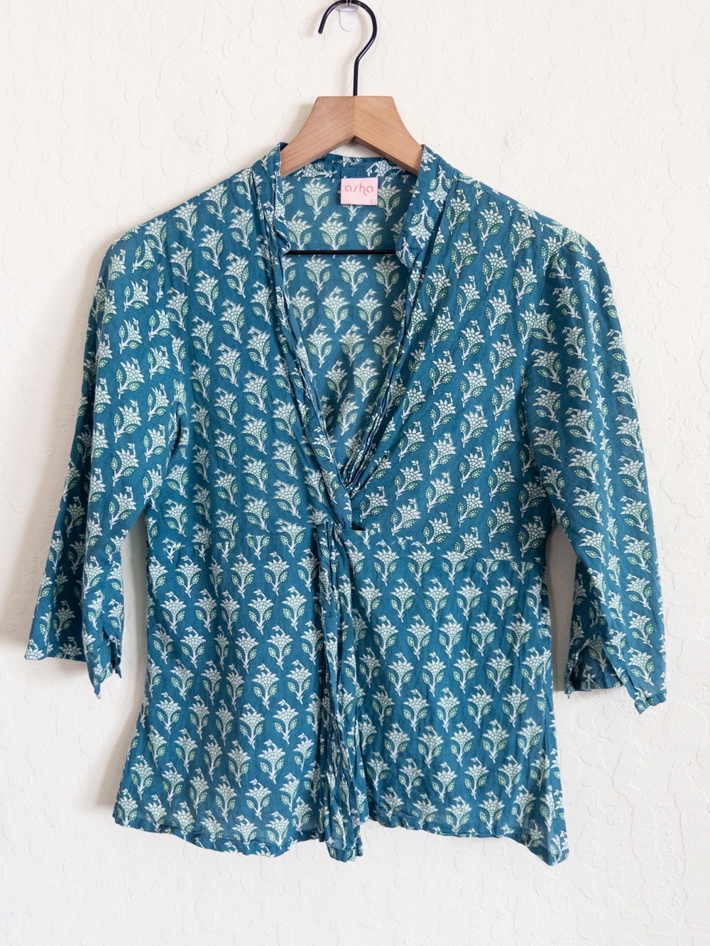 Asha 100% Cotton Block Print 3/4 Sleeve V-Neck Blouse Top Small Teal Blue Boho